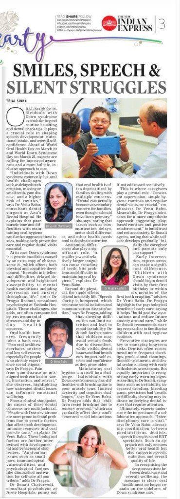 New Indian Express article on oral health and Down syndrome featuring Dr. Venu Babu from Anu's Dental Hospital, Hyderabad
